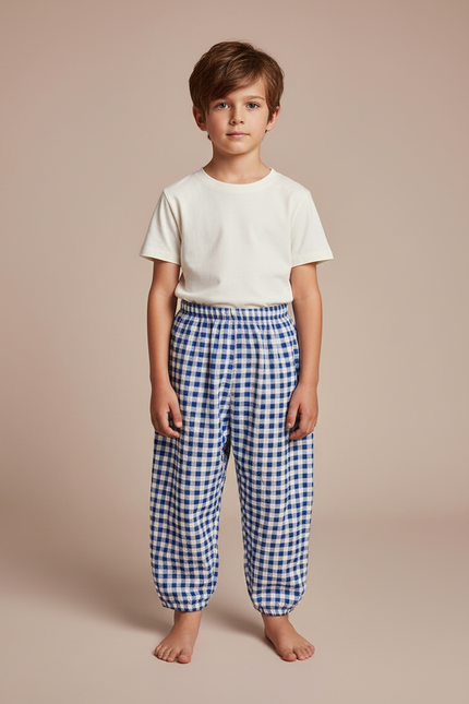 Pantalon Fluide Carreaux Bleus Ample Coton Enfant