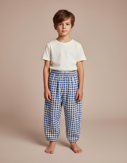 Pantalon Fluide Carreaux Bleus Ample Coton Enfant