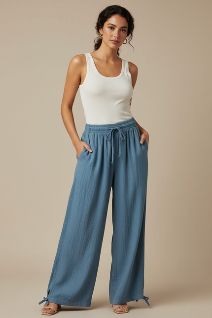 Pantalon Fluide Bleu Ciel Ample Coton Lin Femme