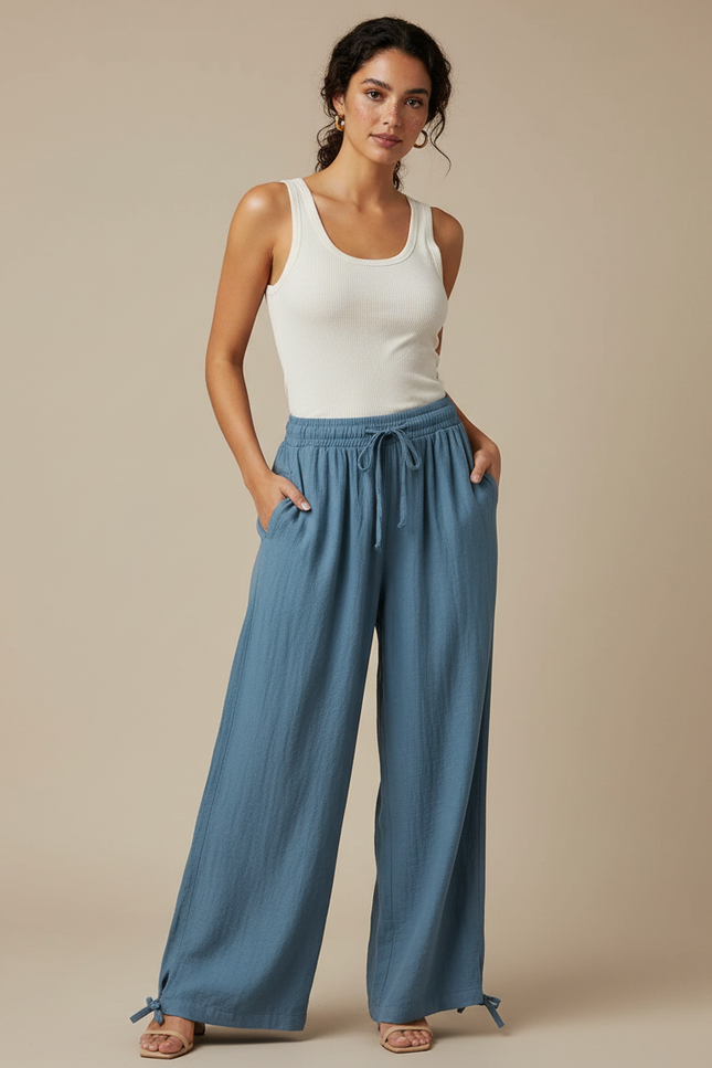 Pantalon Fluide Bleu Ciel Ample Coton Lin Femme
