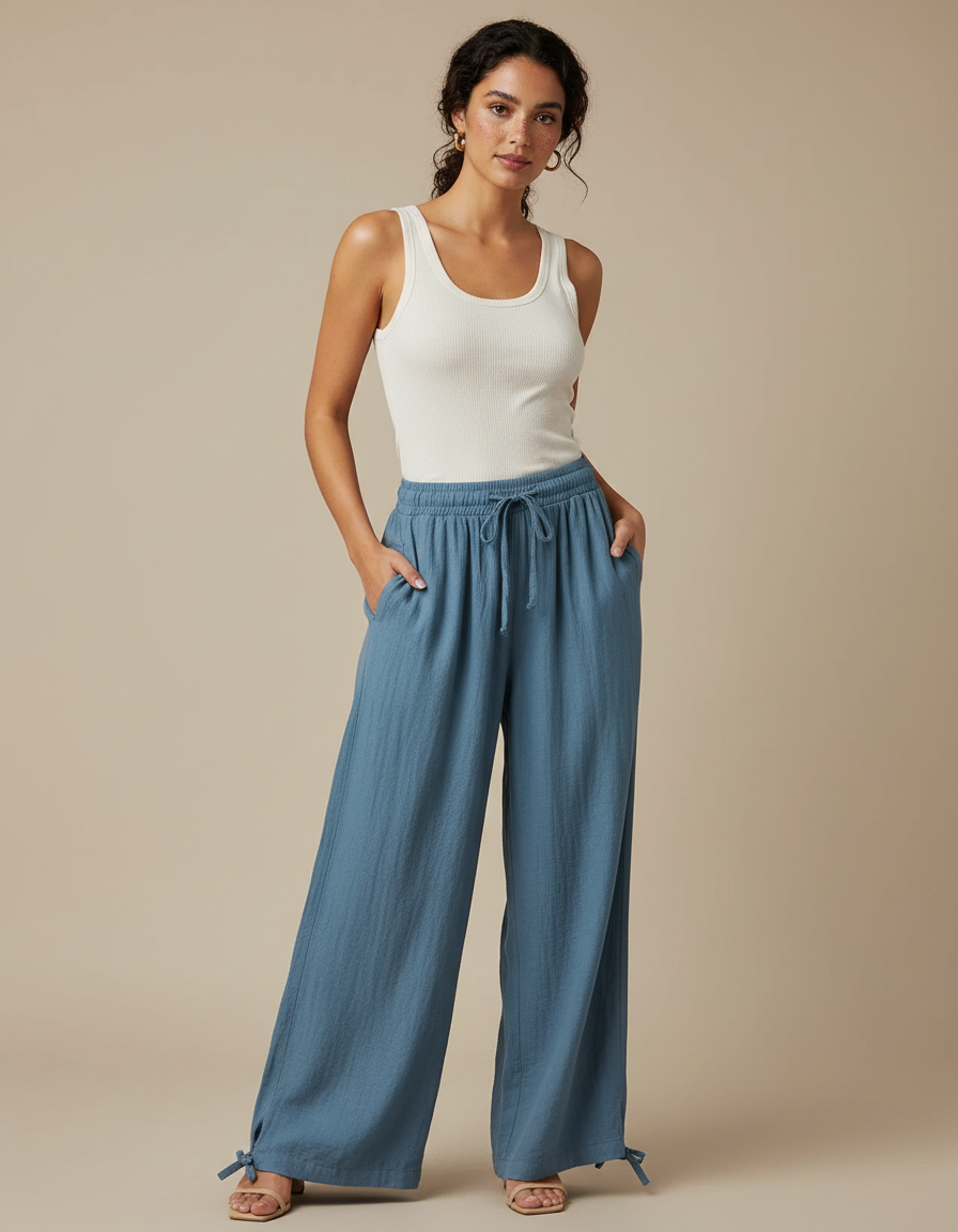 Pantalon Fluide Bleu Ciel Ample Coton Lin Femme