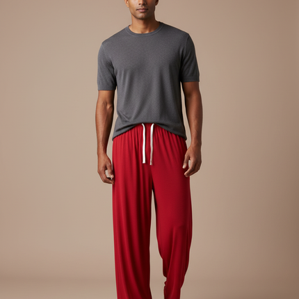 Pantalon Fluide Rouge Côtelé Ample Cordon Décontracté - Maille