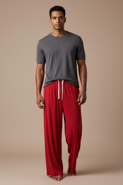 Pantalon Fluide Rouge Côtelé Ample Cordon Décontracté - Maille
