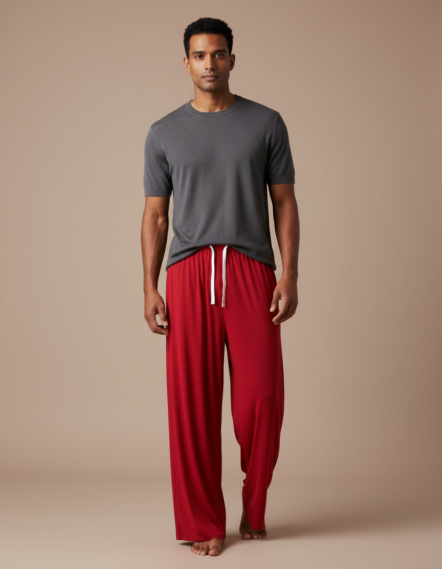 Pantalon Fluide Rouge Côtelé Ample Cordon Décontracté - Maille