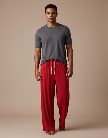 Pantalon Fluide Rouge Côtelé Ample Cordon Décontracté - Maille
