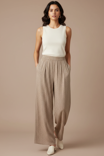 Pantalon Fluide Écru Imprimé Ample Taille Haute Femme - Viscose