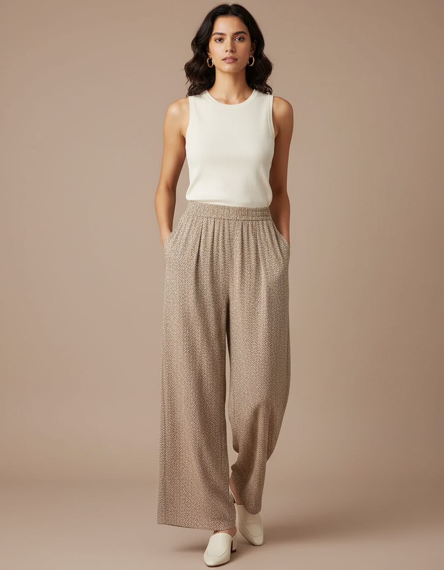 Pantalon Fluide Écru Imprimé Ample Taille Haute Femme - Viscose