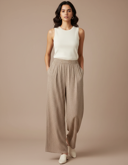 Pantalon Fluide Écru Imprimé Ample Taille Haute Femme - Viscose