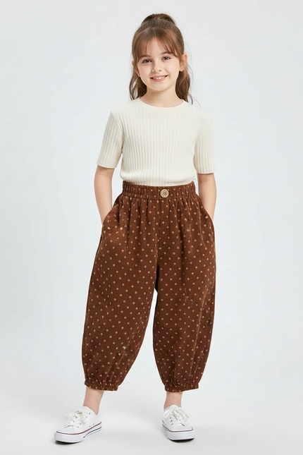 Pantalon Fluide Marron Polka Dot Côtelé Ample Enfant - Cordé