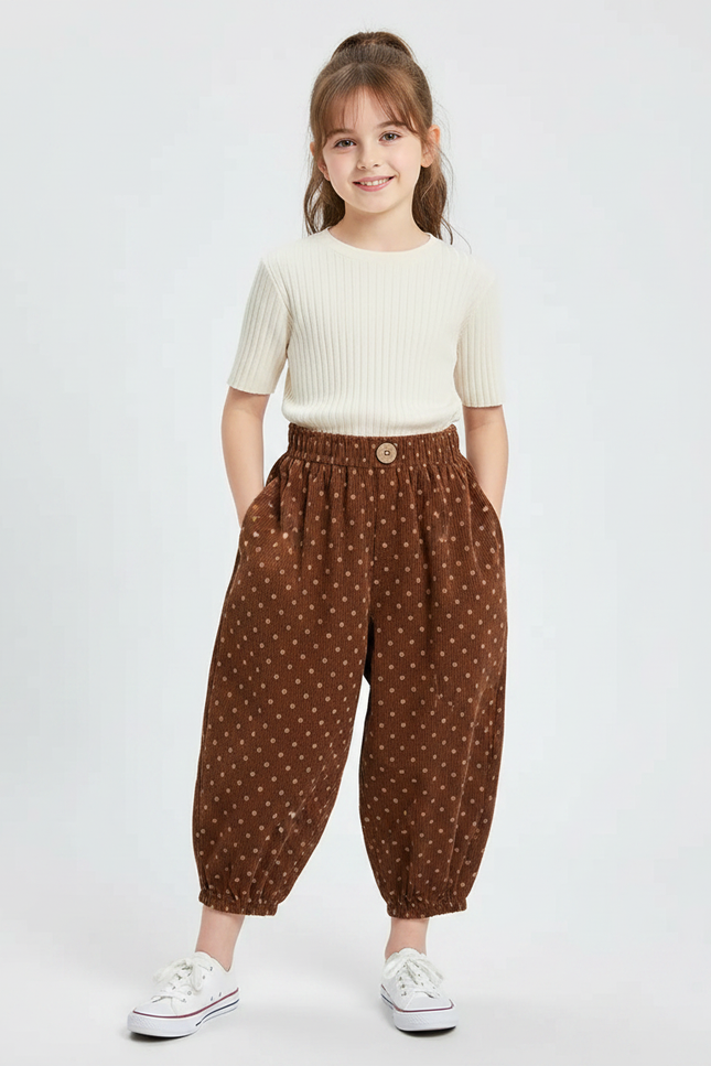 Pantalon Fluide Marron Polka Dot Côtelé Ample Enfant - Cordé