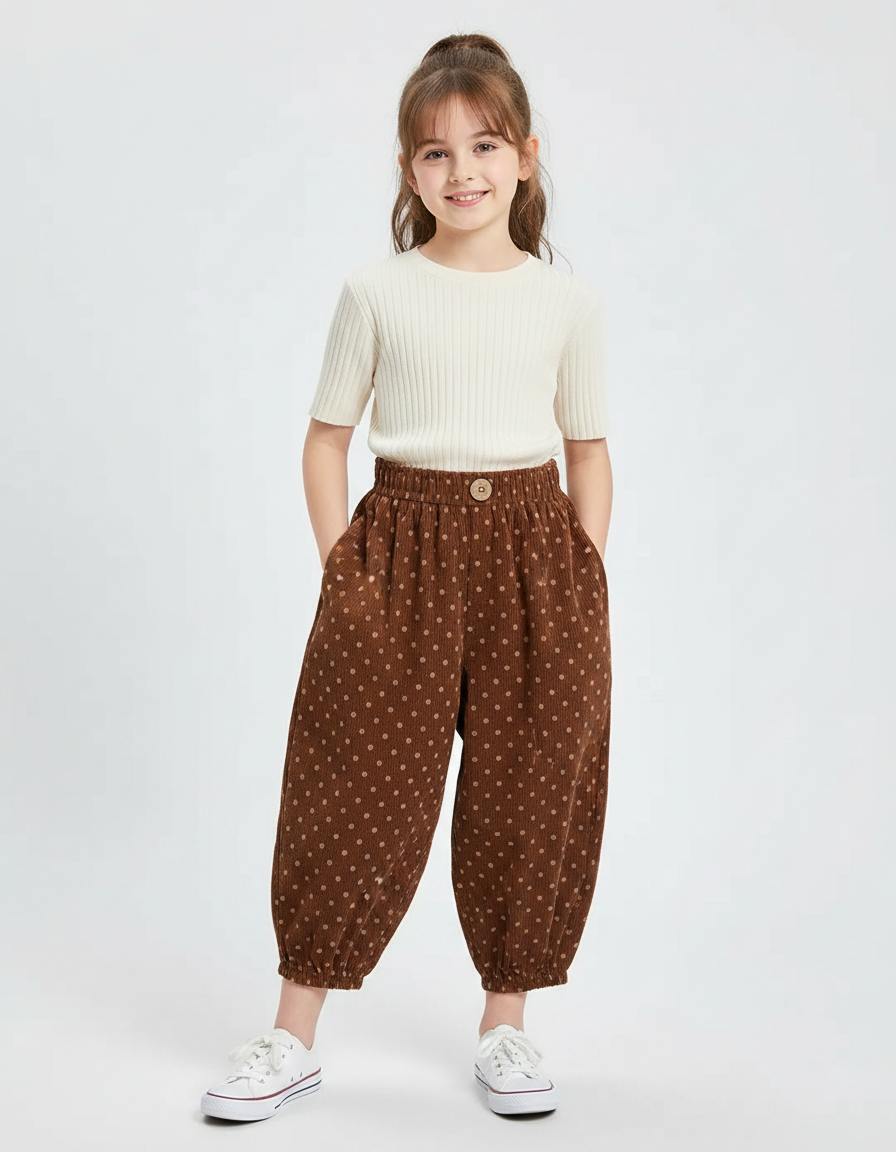 Pantalon Fluide Marron Polka Dot Côtelé Ample Enfant - Cordé