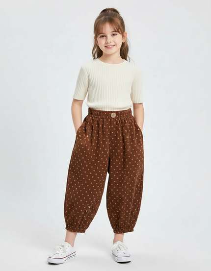 Pantalon Fluide Marron Polka Dot Côtelé Ample Enfant - Cordé