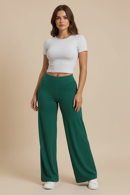 Pantalon Fluide Évasé Femme - Vert Polyester