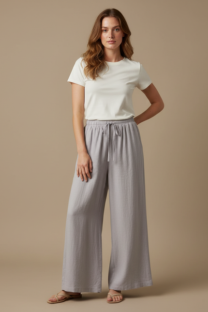 Pantalon Fluide Gris Lin Ample Cordon Femme