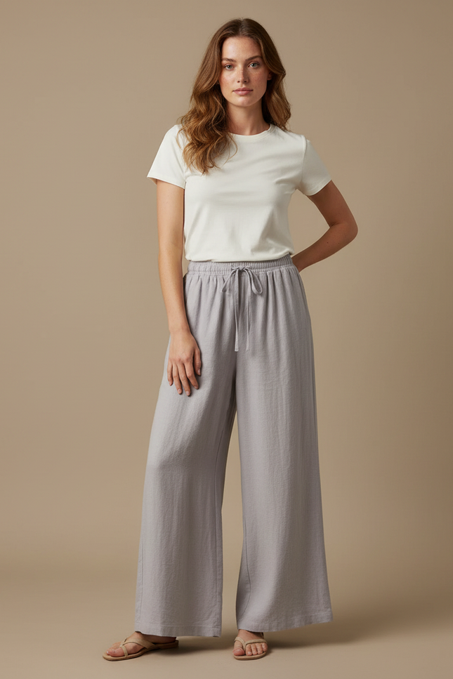 Pantalon Fluide Gris Lin Ample Cordon Femme