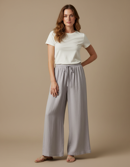 Pantalon Fluide Gris Lin Ample Cordon Femme