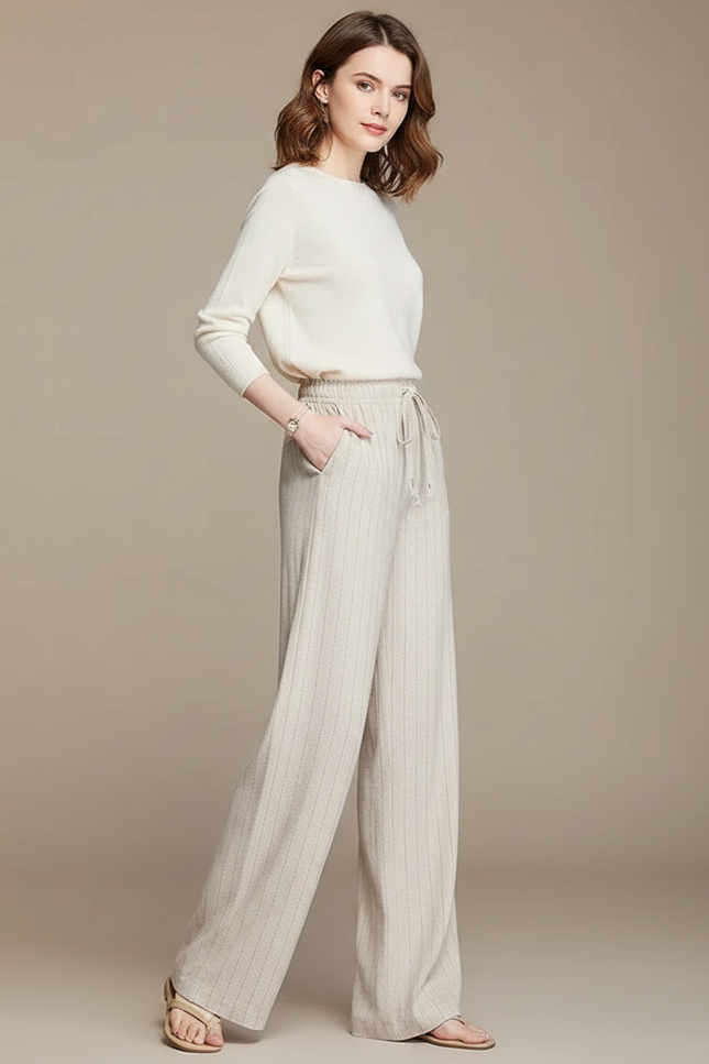 Pantalon Fluide Beige Rayé Ample Lin Décontracté