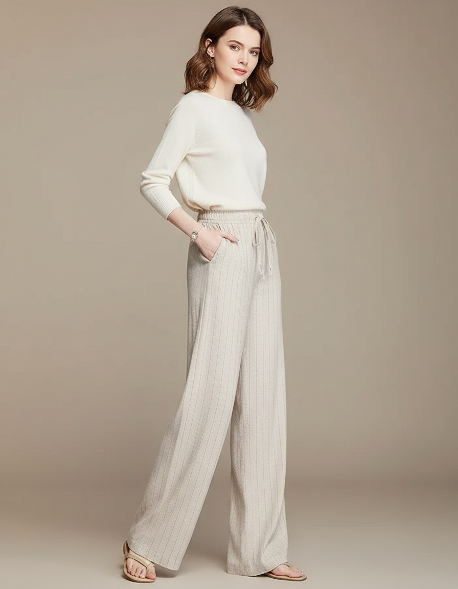Pantalon Fluide Beige Rayé Ample Lin Décontracté