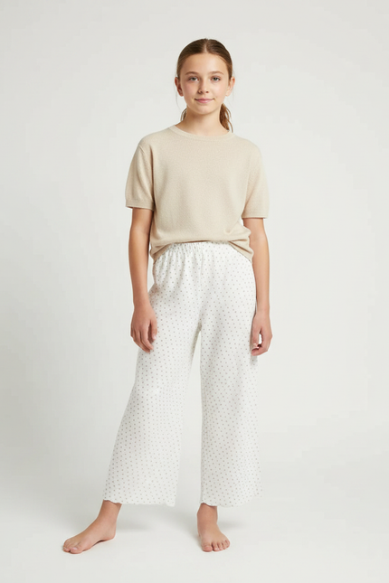 Pantalon Fluide Blanc Ample Pointillé Décontracté Coton