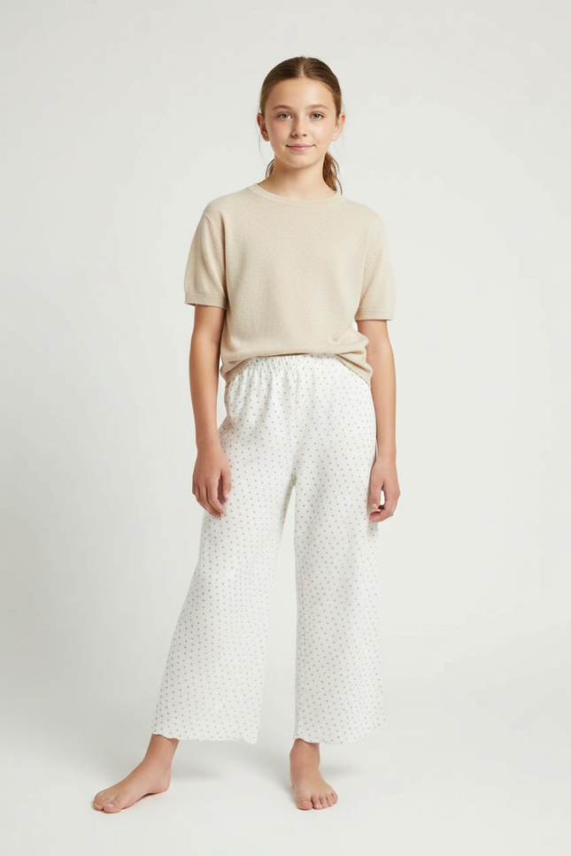Pantalon Fluide Blanc Ample Pointillé Décontracté Coton