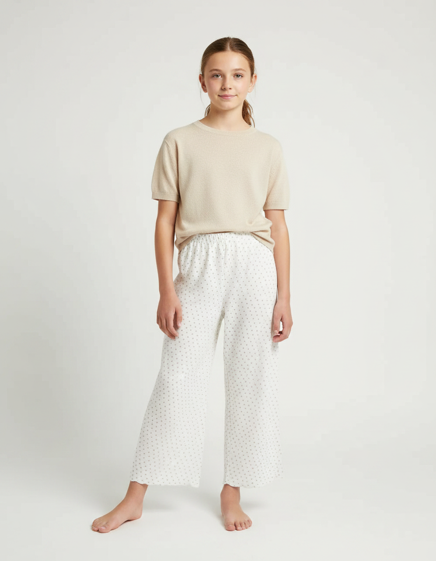 Pantalon Fluide Blanc Ample Pointillé Décontracté Coton