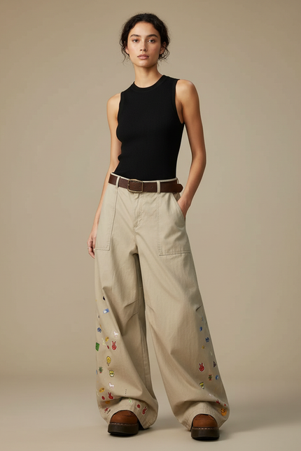 Pantalon Fluide Beige Large Brodé Décontracté Y2K - Toile