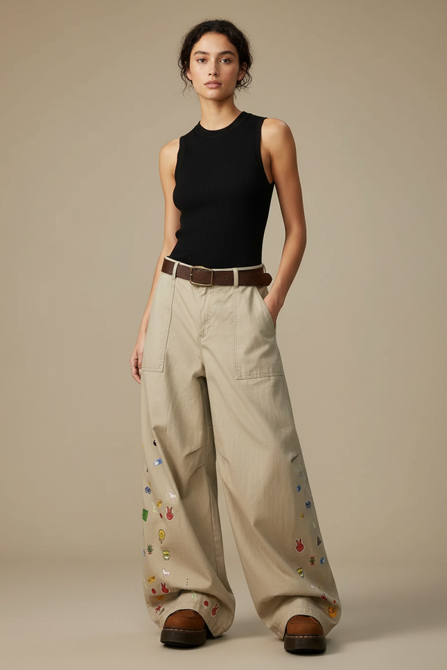 Pantalon Fluide Beige Large Brodé Décontracté Y2K - Toile