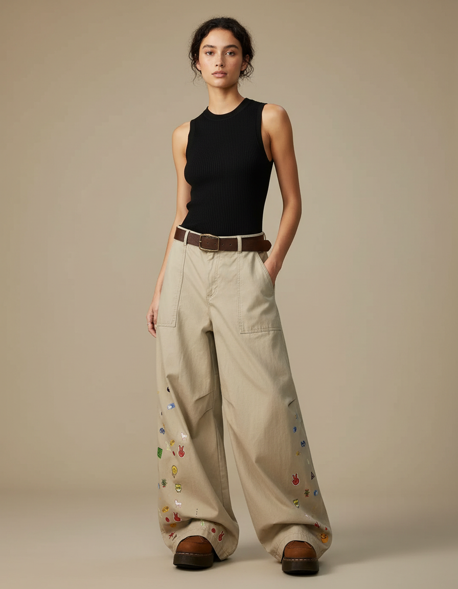Pantalon Fluide Beige Large Brodé Décontracté Y2K - Toile