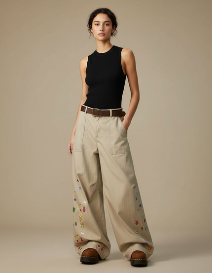 Pantalon Fluide Beige Large Brodé Décontracté Y2K - Toile
