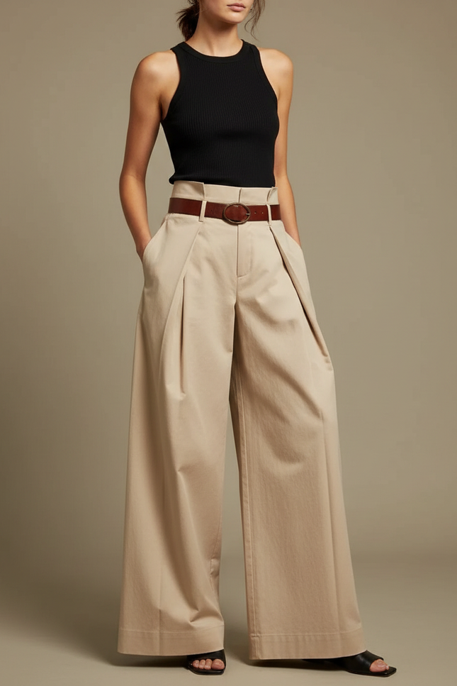 Pantalon Fluide Beige Plissé Ample Taille Haute Élégant - Gabardine