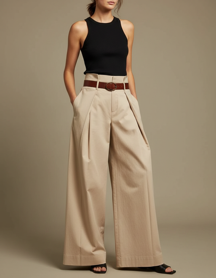 Pantalon Fluide Beige Plissé Ample Taille Haute Élégant - Gabardine