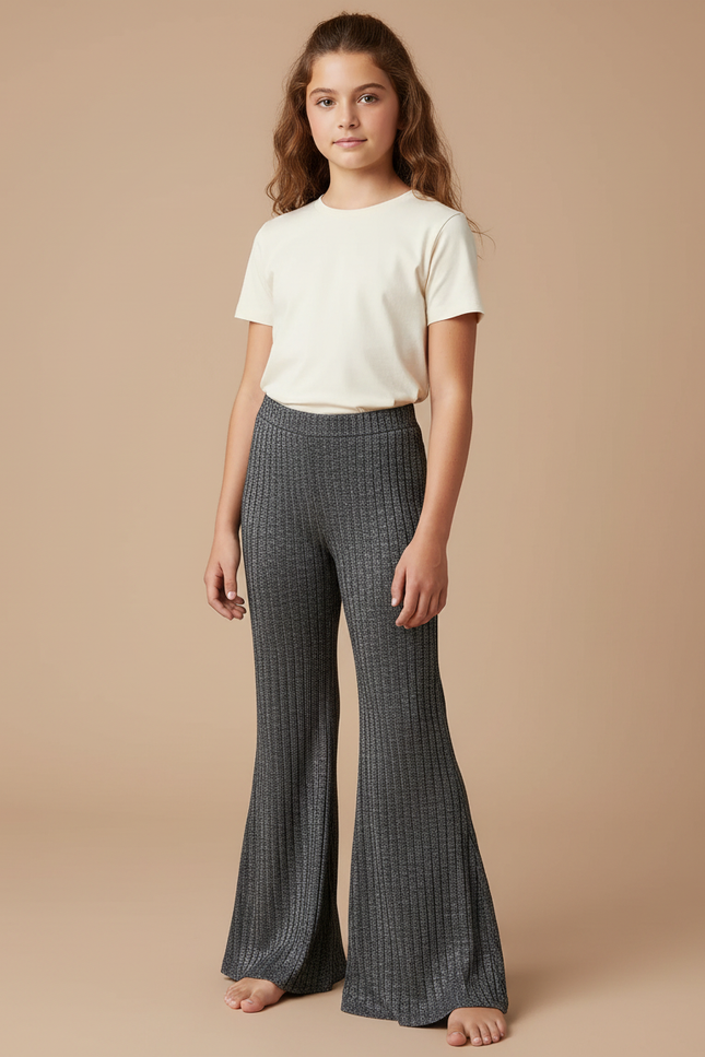 Pantalon Fluide Évasé Gris Côtelé Métallisé Fille - Maille
