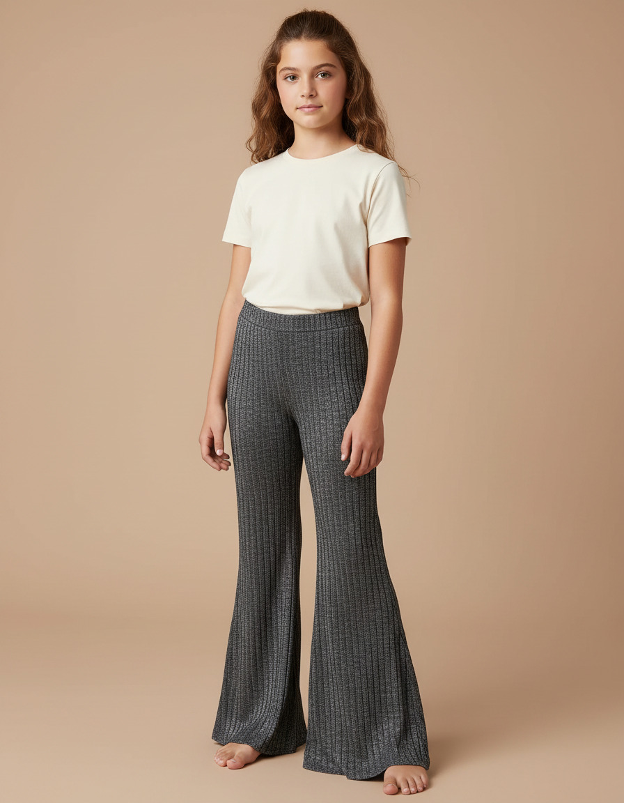 Pantalon Fluide Évasé Gris Côtelé Métallisé Fille - Maille