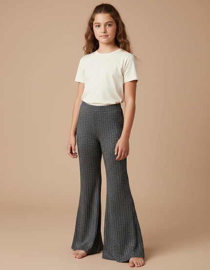 Pantalon Fluide Évasé Gris Côtelé Métallisé Fille - Maille