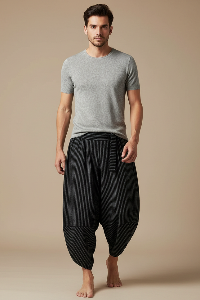 Pantalon Fluide Rayé Noir Harem Large Coton