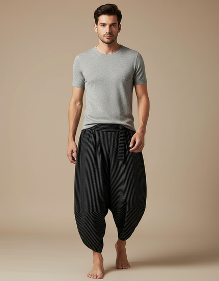 Pantalon Fluide Rayé Noir Harem Large Coton