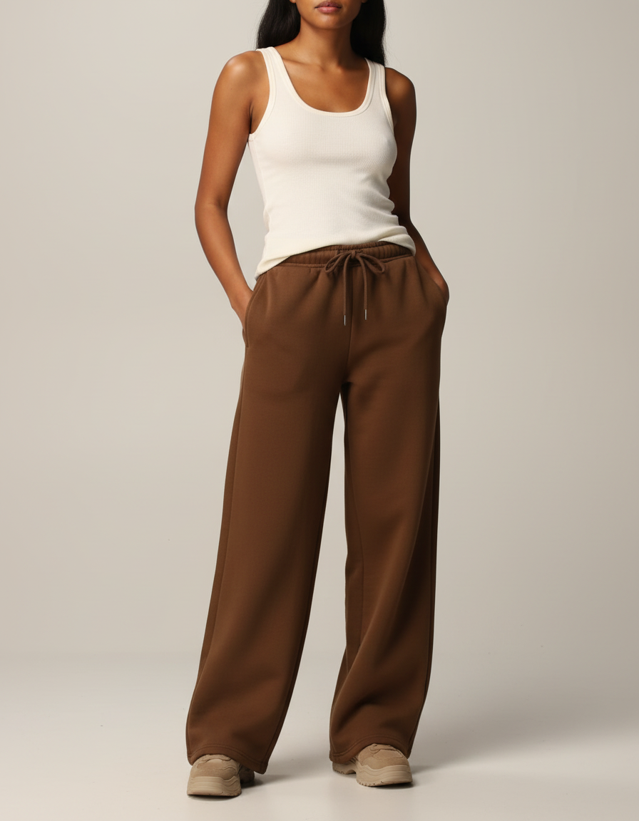 Pantalon Fluide Marron Ample Taille Haute Décontracté Femme - Molleton