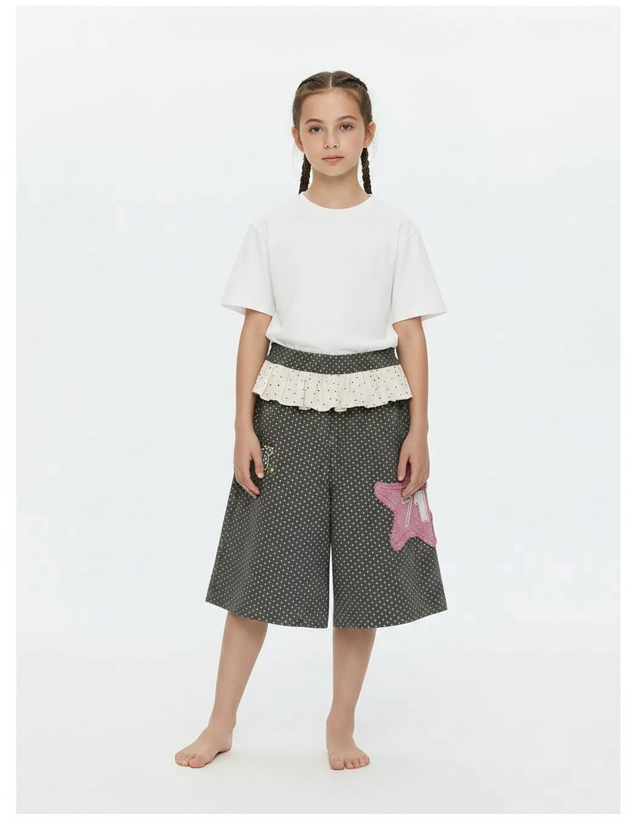 Pantalon Fluide Gris Pois Étoile Ample Enfant - Coton
