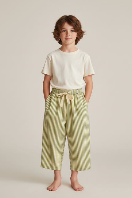 Pantalon Fluide Rayé Vert Ample Coton Enfant Décontracté