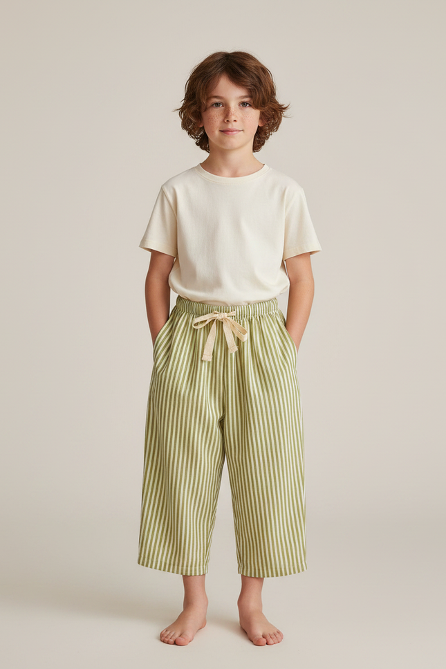 Pantalon Fluide Rayé Vert Ample Coton Enfant Décontracté
