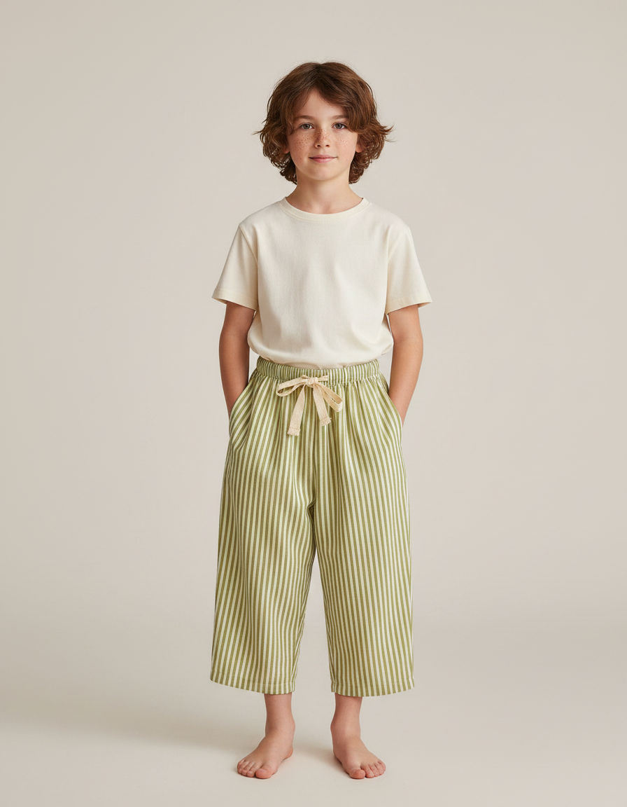 Pantalon Fluide Rayé Vert Ample Coton Enfant Décontracté