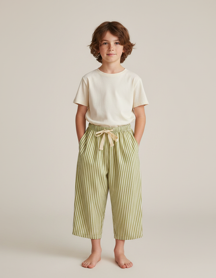 Pantalon Fluide Rayé Vert Ample Coton Enfant Décontracté