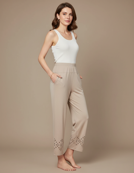 Pantalon Fluide Beige Élastiqué Découpé Cheville Casual - Viscose