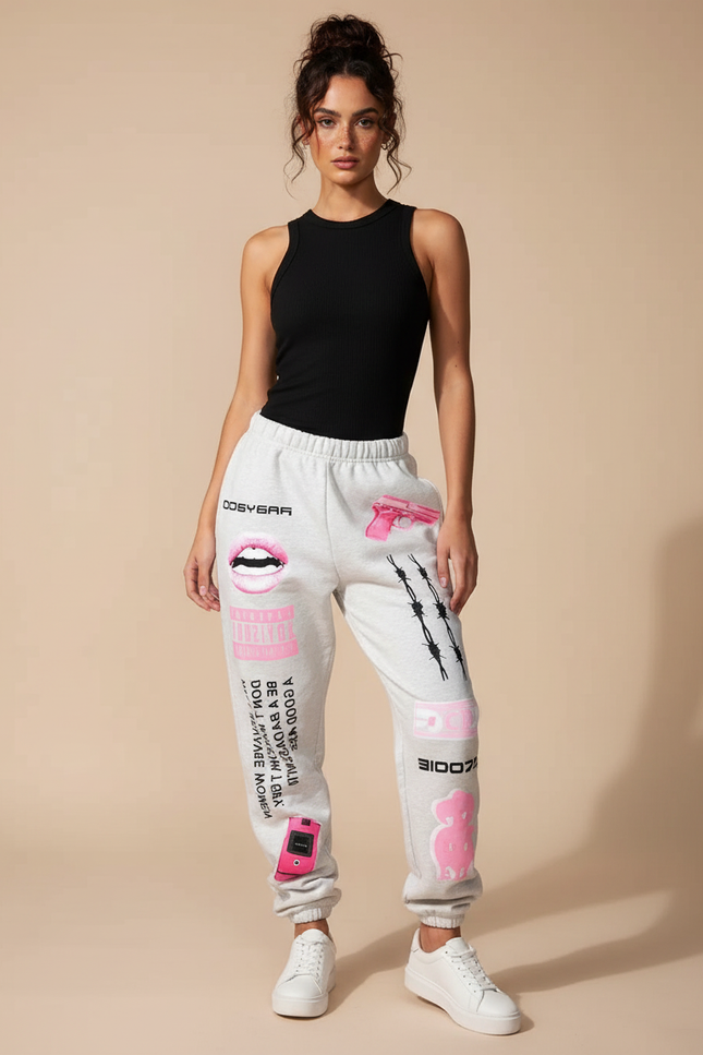 Pantalon Fluide Gris Ample Imprimé Rose Décontracté - Molleton