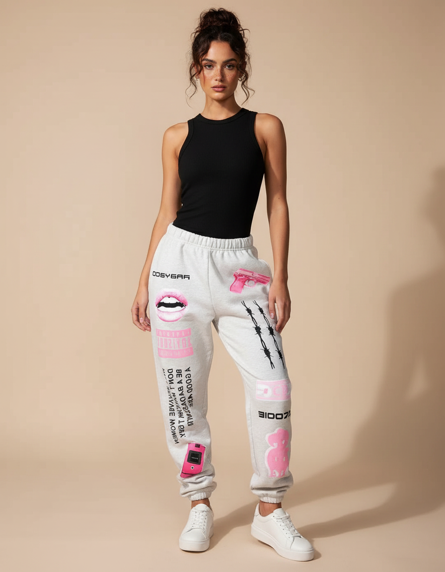 Pantalon Fluide Gris Ample Imprimé Rose Décontracté - Molleton