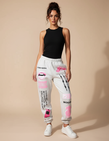 Pantalon Fluide Gris Ample Imprimé Rose Décontracté - Molleton