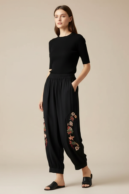 Pantalon Fluide Noir Brodé Ample Élastique Bohème - Viscose