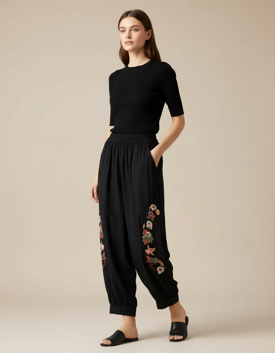 Pantalon Fluide Noir Brodé Ample Élastique Bohème - Viscose