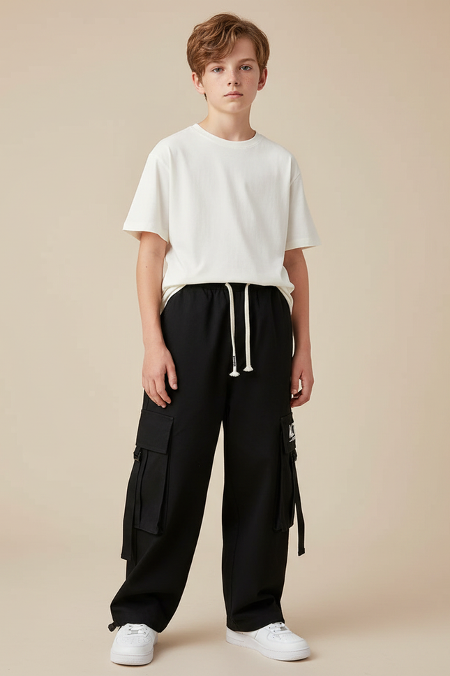 Pantalon Fluide Noir Cargo Ample Décontracté Enfant - Molleton