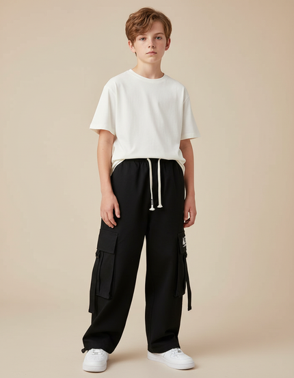 Pantalon Fluide Noir Cargo Ample Décontracté Enfant - Molleton